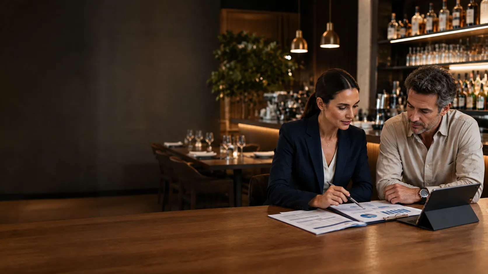 Contadora e dono de restaurante conferindo relatórios sobre a mesa, com o bar do salão ao fundo
