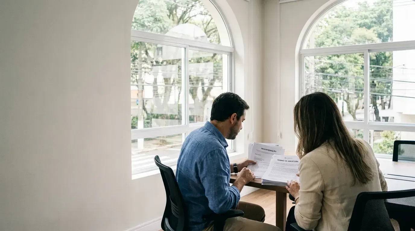 Empreendedor revisando a papelada de abertura da empresa com um consultor do outro lado da mesa