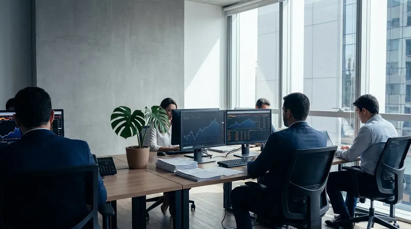 Estação de trabalho financeira com dois monitores em gráficos e extratos impressos na mesa