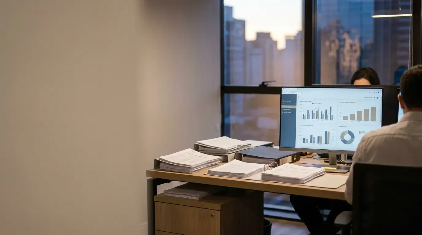 Mesa de escritório contábil com documentos organizados e um monitor exibindo gráficos