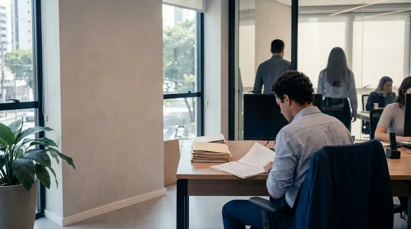 Profissional de recursos humanos conferindo documentos de funcionários sobre a mesa