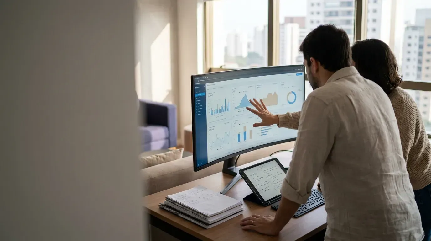 Dois colegas configurando um sistema de gestão num monitor grande, com anotações sobre a mesa
